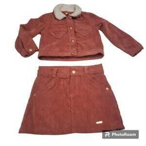 Tahari Girl Skirt & Jacket Set, Girls 5, Rust Corduroy, Sherpa Collar, EUC